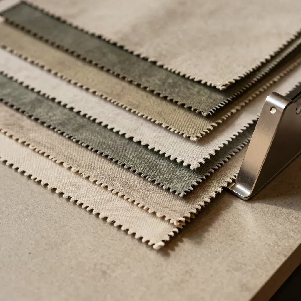 Stoffmuster, Metallclips und Halterungen auf einer sandfarbenen Arbeitsfläche, sehr nah fotografiert.