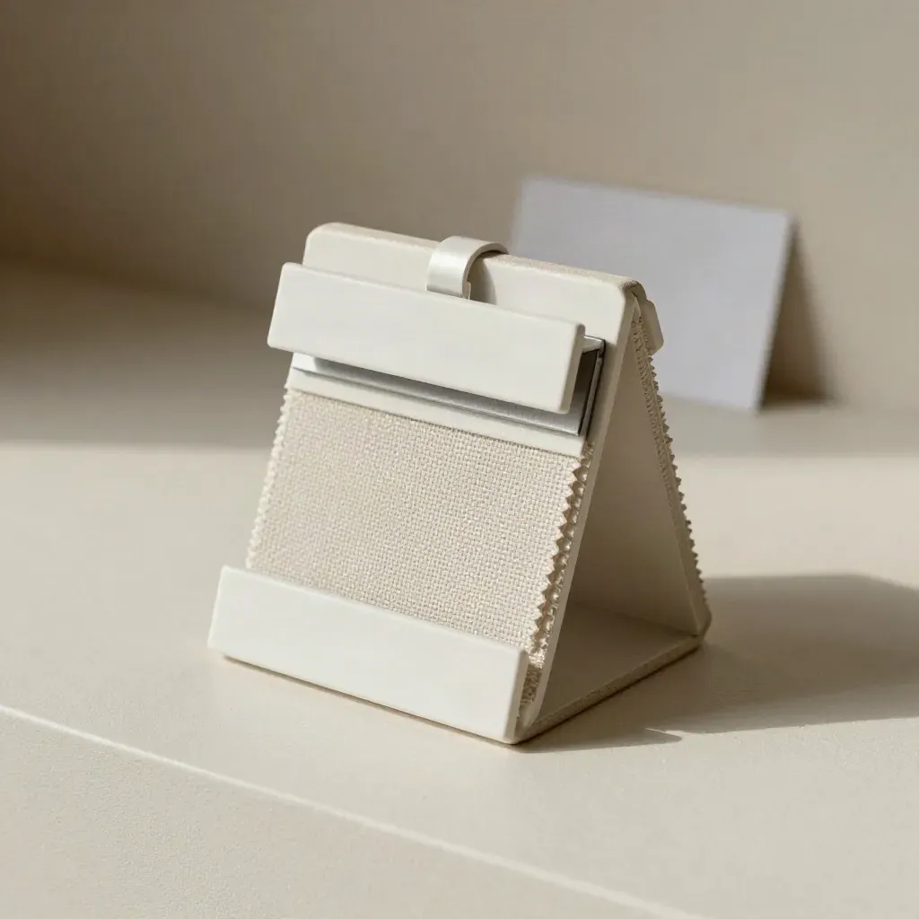 Miniatur-Standmodul mit Stoffmuster, Magnetstreifen und Winkelverbinder auf hellem Plastersweep