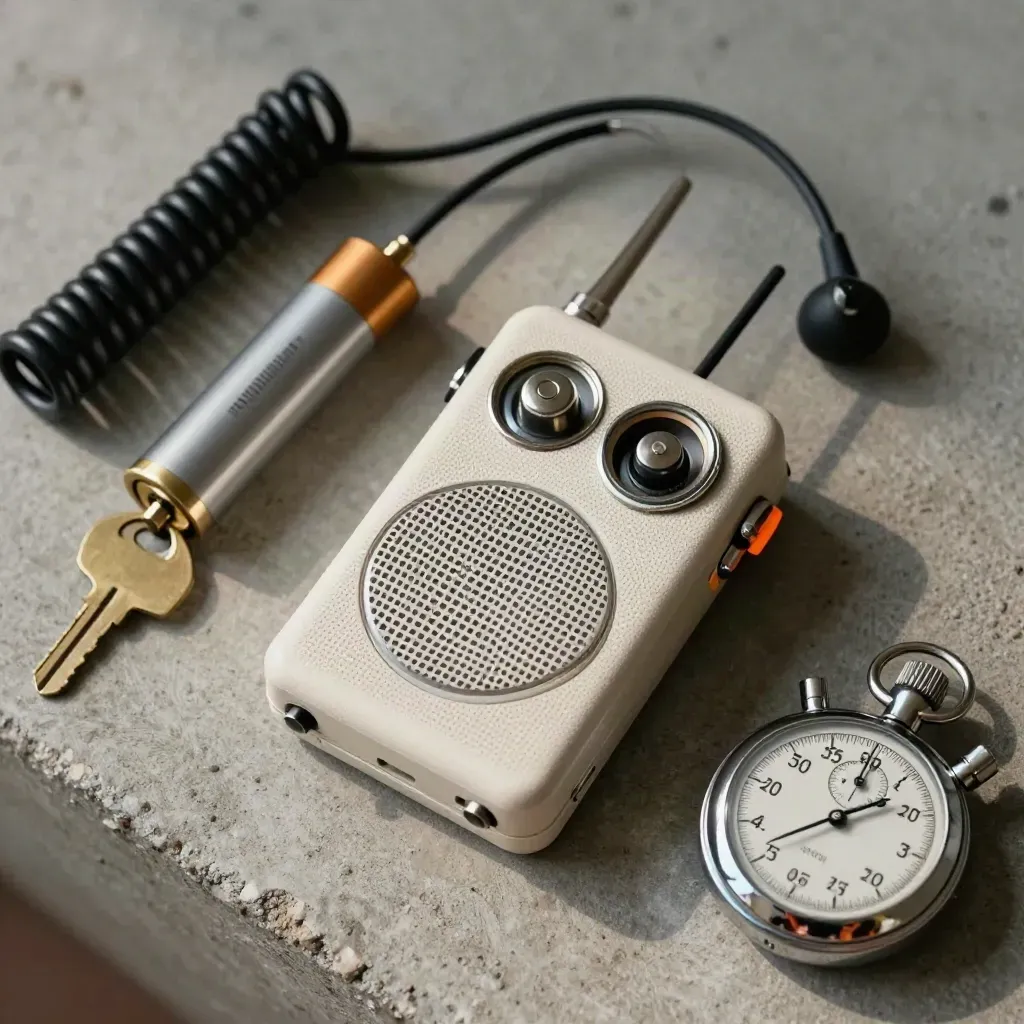 Funkgerät, Akku, Ohrhörer-Kabel, Venue-Schlüssel und Stoppuhr auf hellem Beton, von oben.