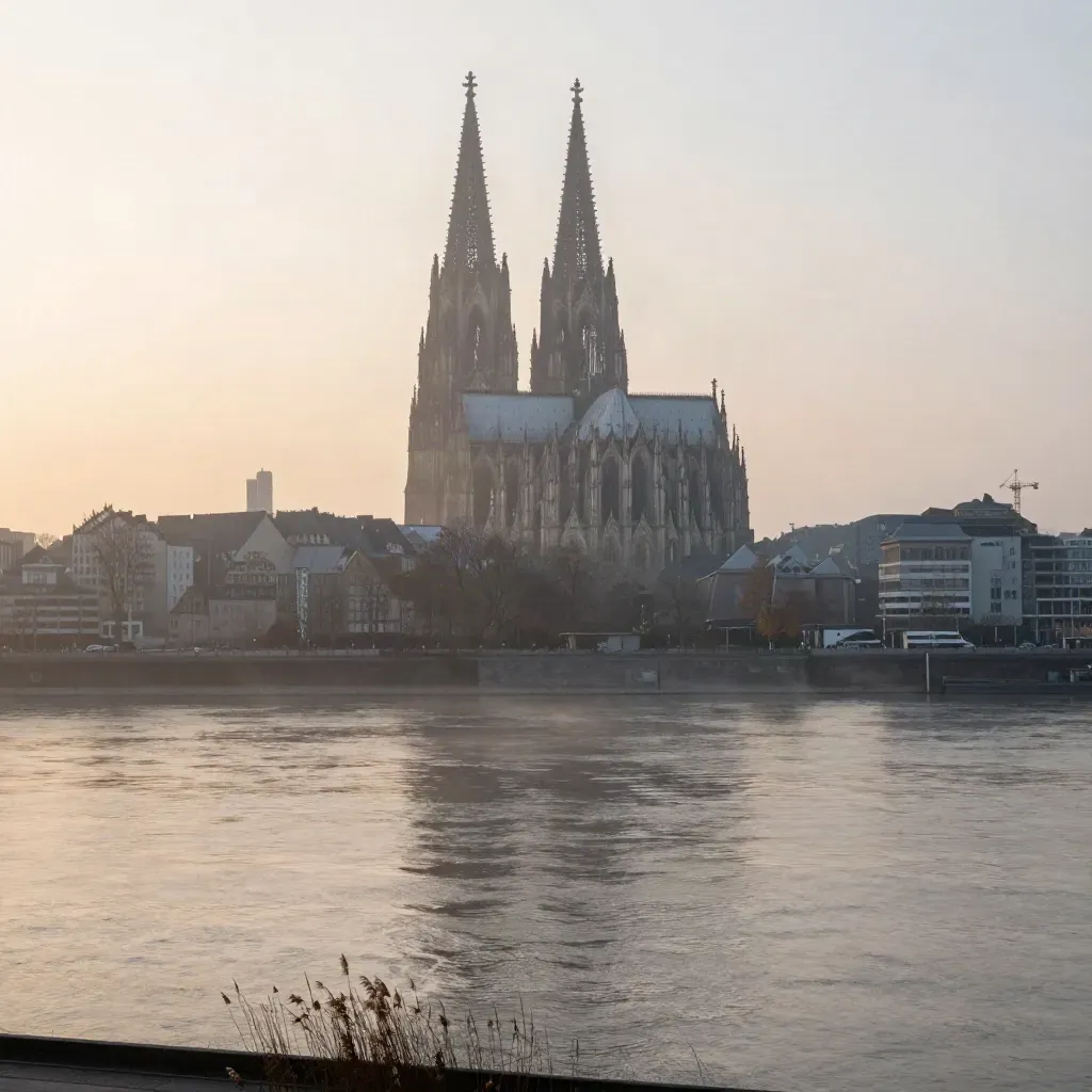 Kölner Dom hoch über dem nebligen Rhein im warmen Morgenlicht.
