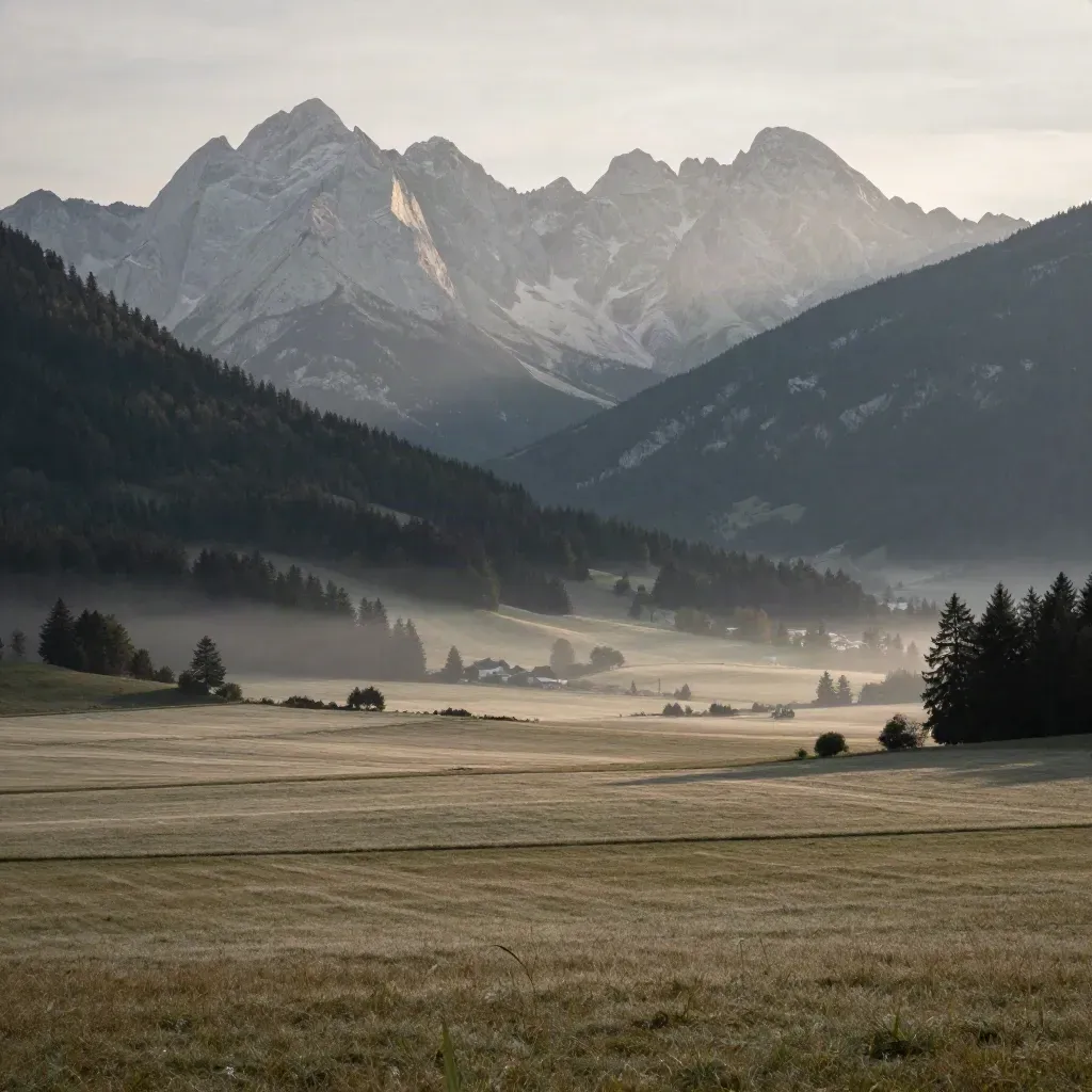 Alpenpanorama über Bayern im Morgenlicht mit ruhigem Tal und viel Freiraum für Text