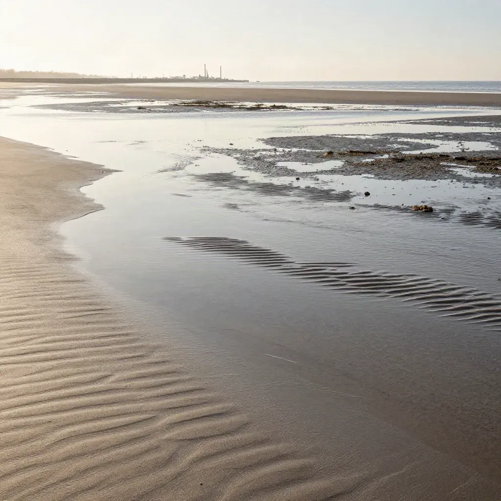 Weite Wattlandschaft mit nassem Sand und ferner Hafenkante im warmen Morgenlicht.