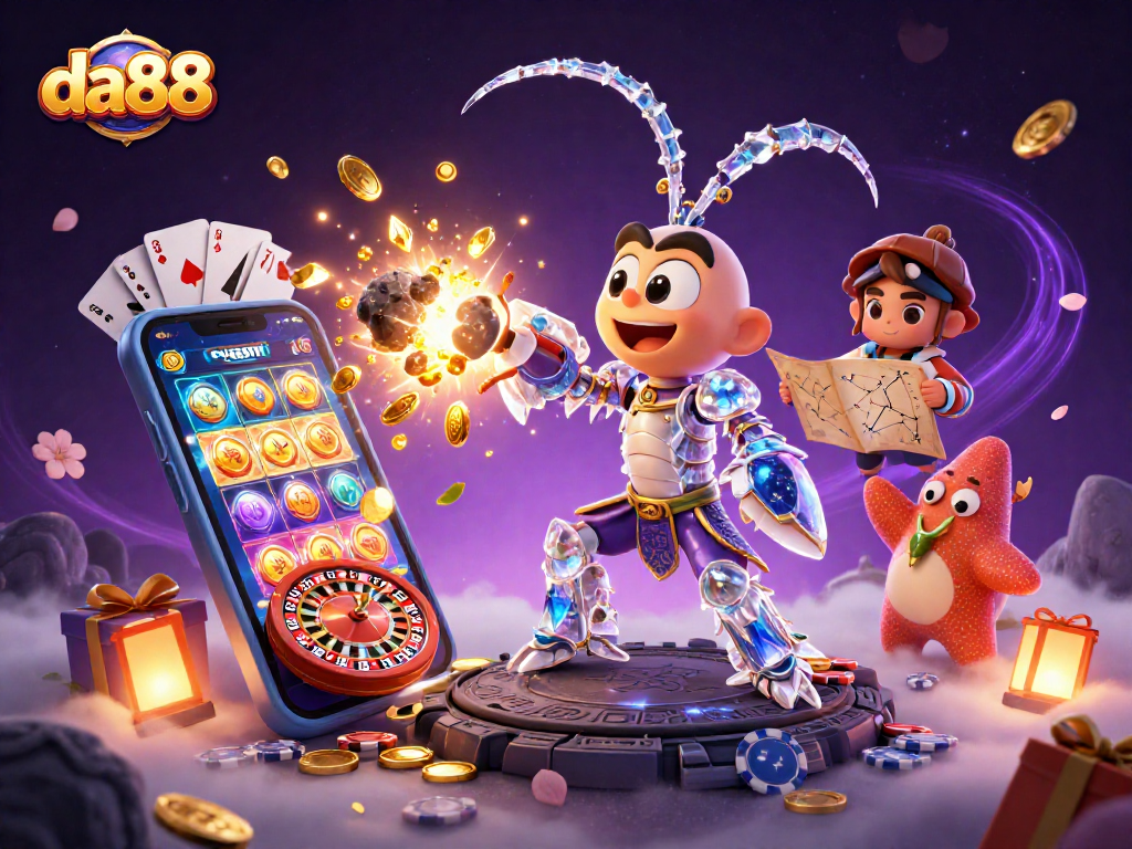 Experience thrilling gambling action with da88 in a rich, vibrant 3D illustration filled with colorful casino elements.