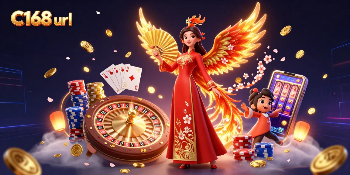 Experience thrilling action with C168 url as a stunning woman and phoenix celebrate big wins in an enchanting casino.