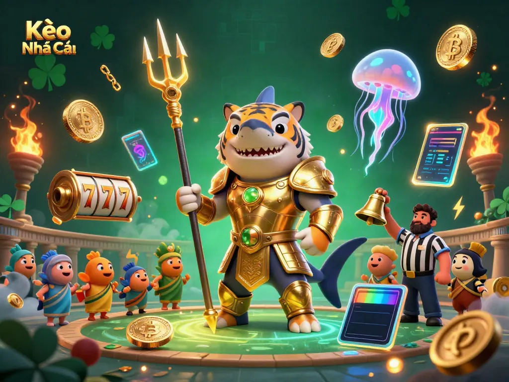 Kèo Nhà Cái showcases a thrilling underwater casino scene with a tiger shark in gladiator armor.