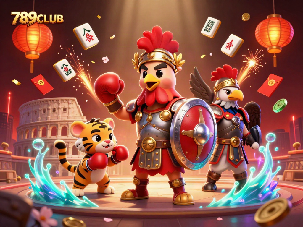 Engage with the thrilling world of 789CLUB, featuring dynamic 3D casino characters amidst rich gaming elements.