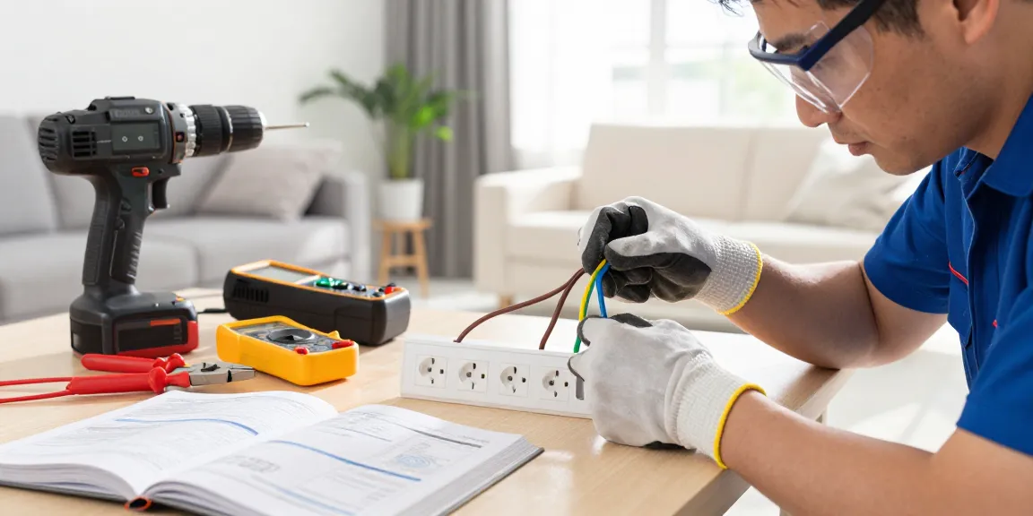 Steckdose anschließen 3 kabel: Elektriker verbindet drei farbige Kabel in einem modernen Wohnzimmer.
