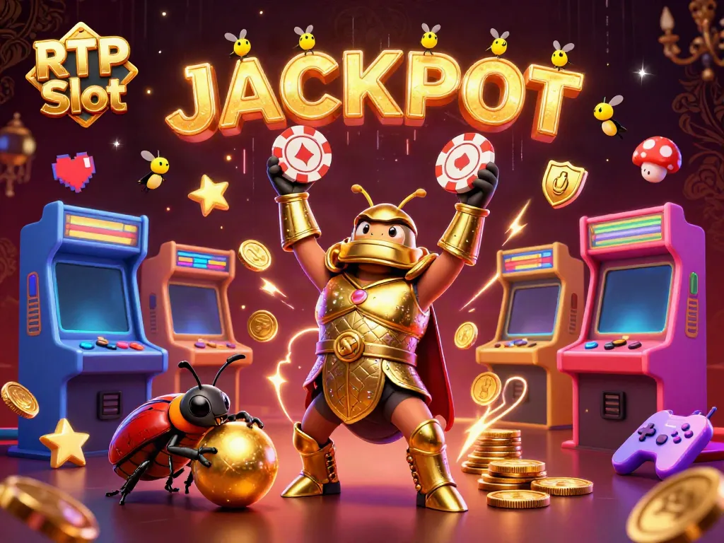 Experience exciting wins with RTP Slot as a hercules beetle triumphs, surrounded by vibrant game elements.