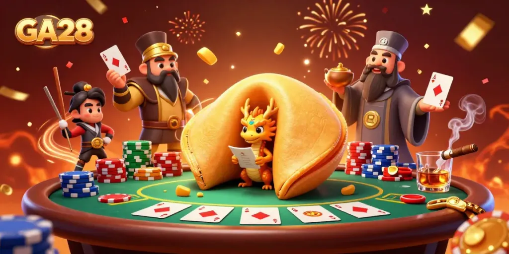 Engage in thrilling poker action with GA28, featuring a magical scene of a fortune cookie and animated characters.