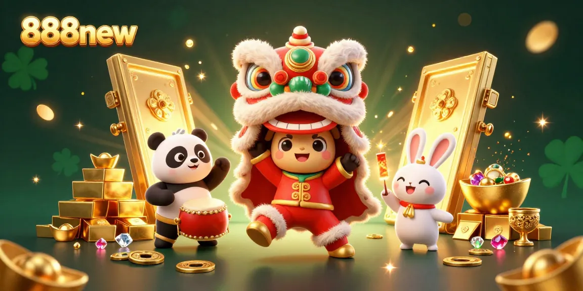 Experience the excitement of 888new with a vibrant 3D casino illustration showcasing dynamic characters and precious treasures.