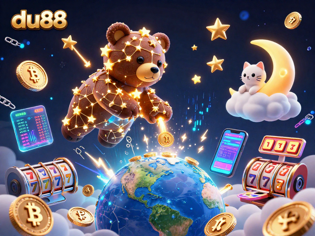 Engage in thrilling gameplay risks at du88 with vibrant 3D cosmic characters exploring casino elements.