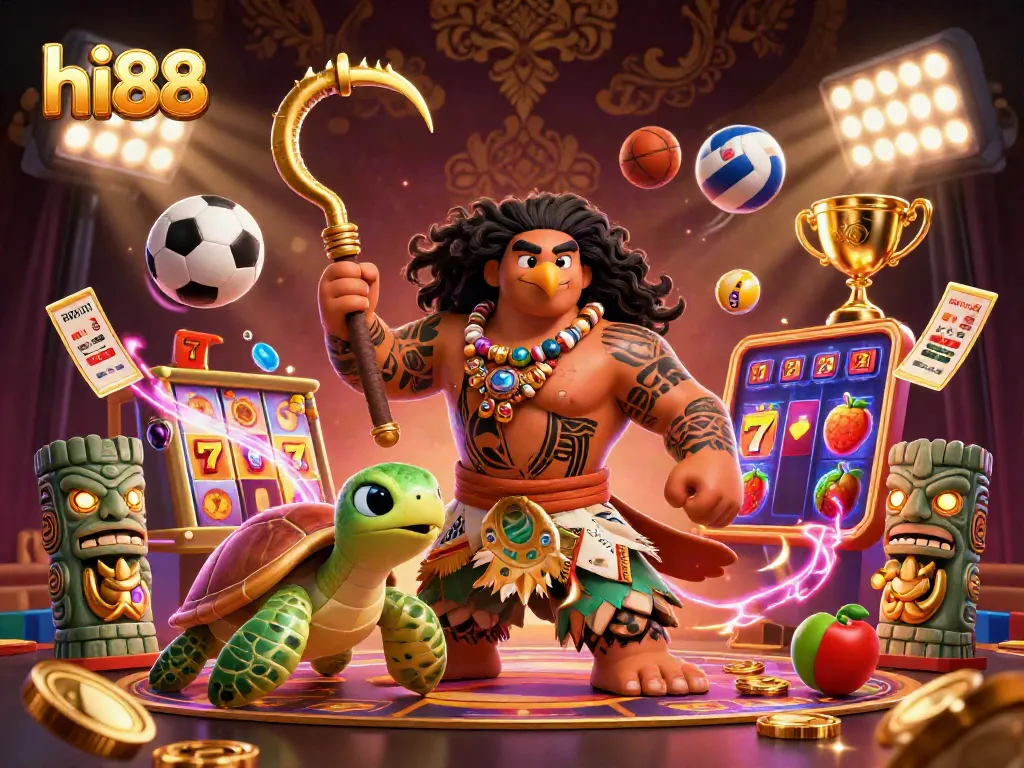Engage with hi88's dynamic gambling experience featuring a demigod hawk and vibrant casino elements.