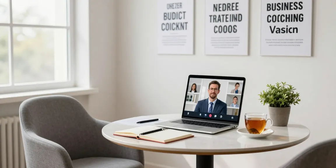 Business Coach für kleine und mittelständische Unternehmen im inspirierenden Coaching-Büro mit Laptop und Notizen.