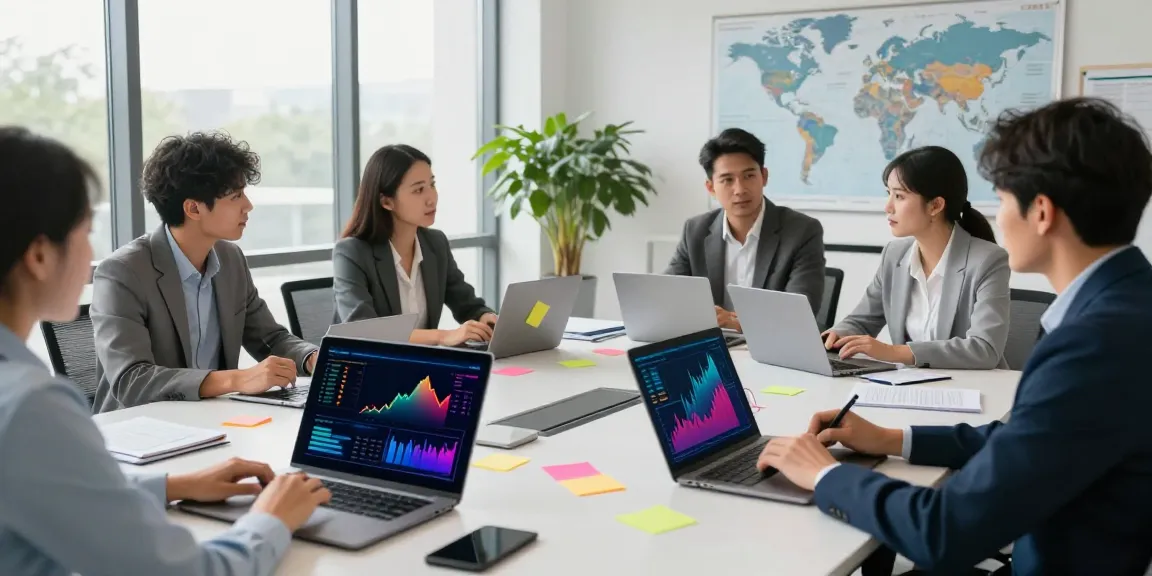 Reunión empresarial en un entorno moderno con un equipo diverso colaborando sobre estrategias de crecimiento en bbva empresas.