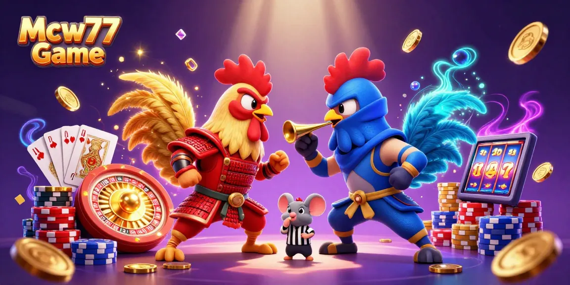 Experience Mcw77 Game's thrilling action with 3D roosters in a dynamic gambling showdown.