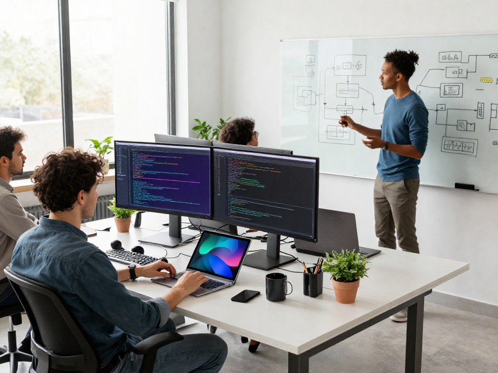 DEWI111 software developers collaborating in an innovative tech workspace.