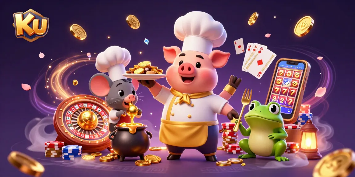 Win big with Ku at this vibrant casino celebration featuring gold coins and a roulette wheel.