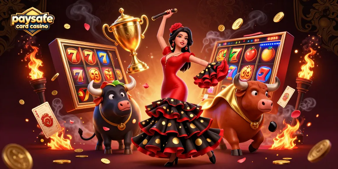Illustration eines Paysafe Card Casinos, die fröhliche Spielelemente wie Spielautomaten und einen Flamenco-Tänzer hervorhebt.