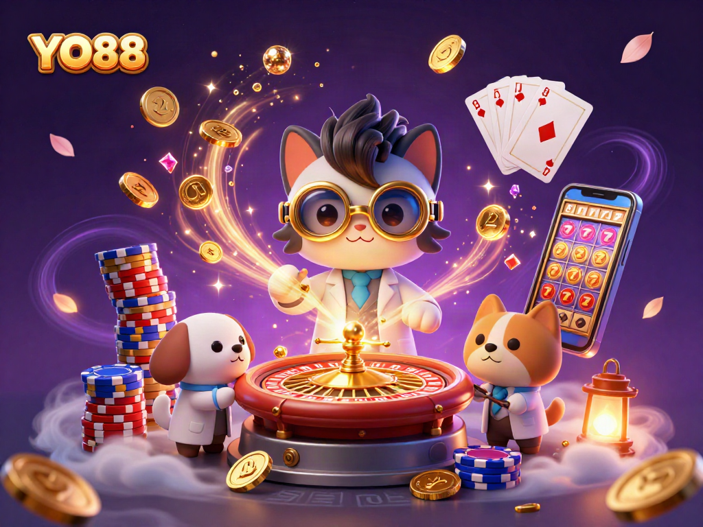 Experience thrilling gaming with YO88 as a mad scientist cat conjures riches in a dynamic casino scene.