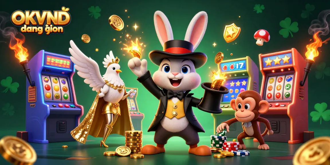 Experience the magic of OKVND đăng nhập with a cartoon rabbit pulling coins amidst vibrant casino elements.
