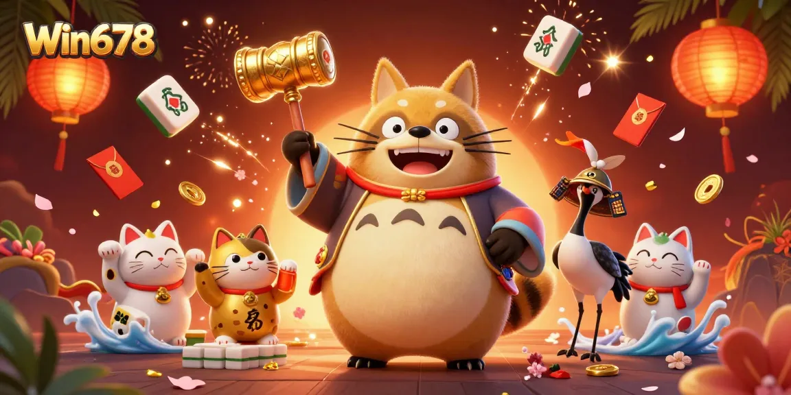 Win678 players enjoy vibrant casino atmosphere in a dynamic 3D illustration with festive characters.
