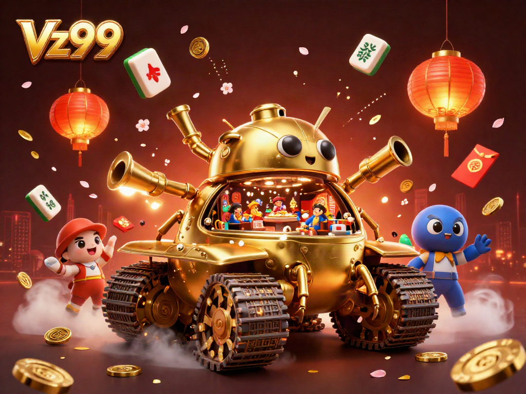 Experience Vz99 Casino's vibrant atmosphere with a golden beetle tank illustration featuring a miniature casino scene.
