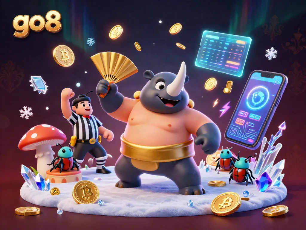 Engage in the go8 gaming excitement with a sumo beetle champion amidst flying crypto coins.