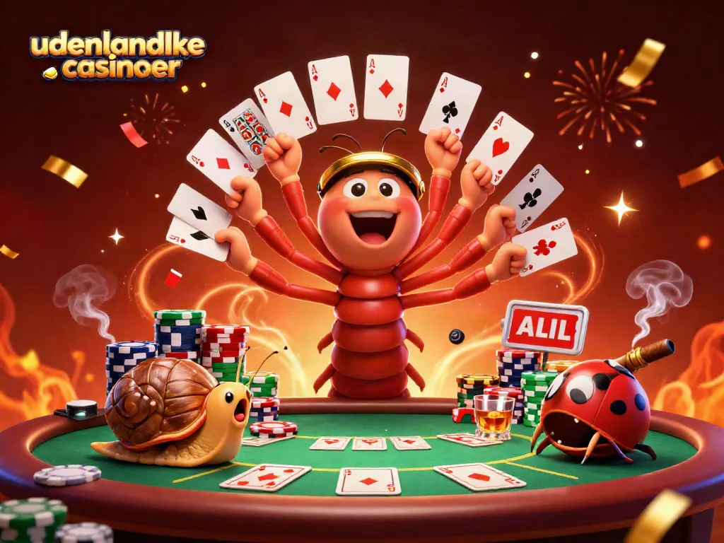 Exciting cartoon illustration of udenlandske casinoer featuring a millipede dealer and chip stacks.
