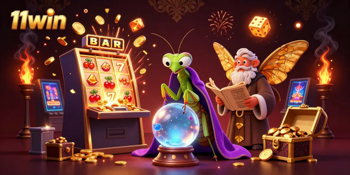 Experience thrilling wins with 11win's dynamic cartoon casino scene featuring fortune tellers and vibrant slot machines.