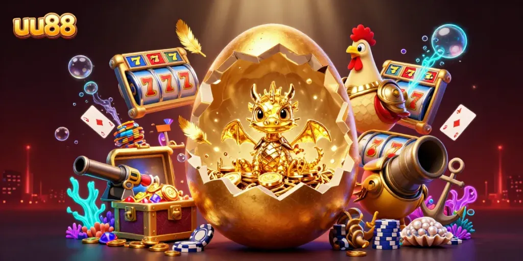 Engage in thrilling gameplay at uu88, where a gold dragon rests on poker chips amidst slot reels and treasures.