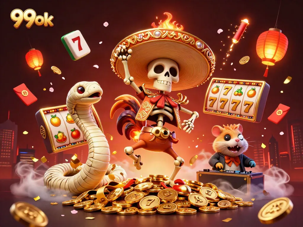Experience the vibrant energy of 99ok in this detailed casino illustration full of dynamic game elements.