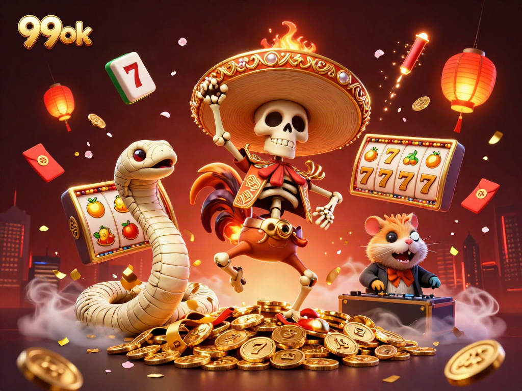 Experience the vibrant energy of 99ok in this detailed casino illustration full of dynamic game elements.