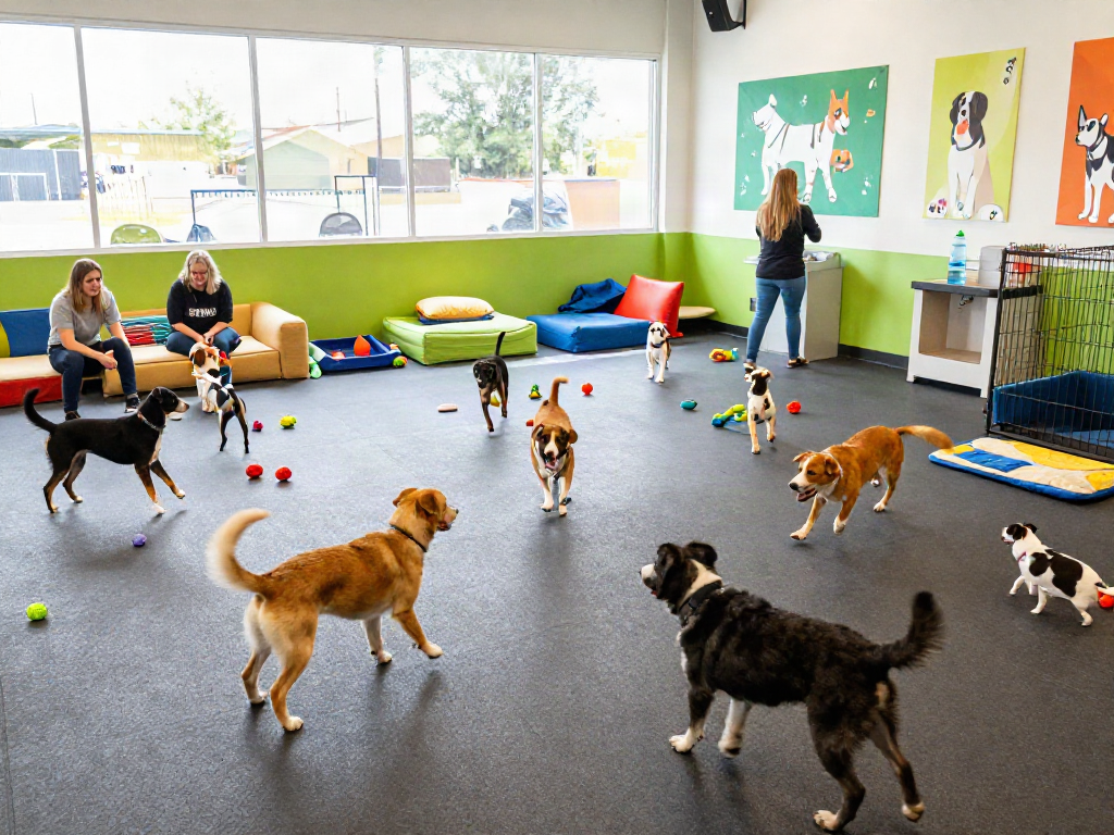 Active dogs at a daycare center playing fetch and tug-of-war during a depo 10k event.