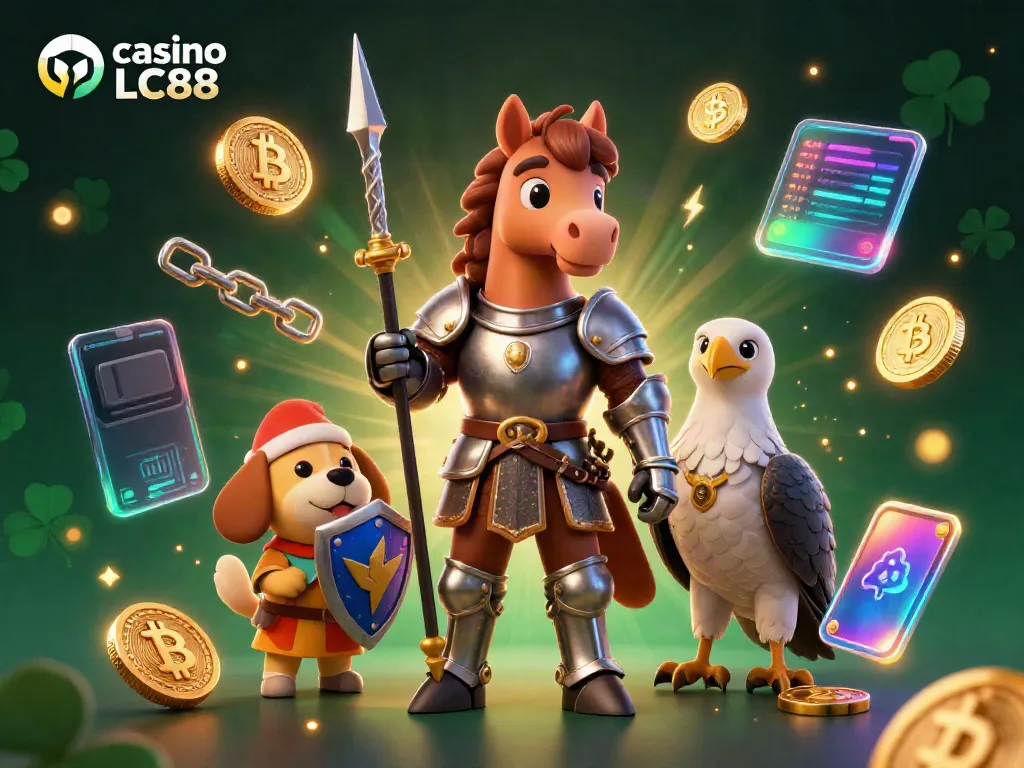 Experience the thrilling atmosphere of casino LC88 with knights and crypto elements in a vibrant 3D scene.