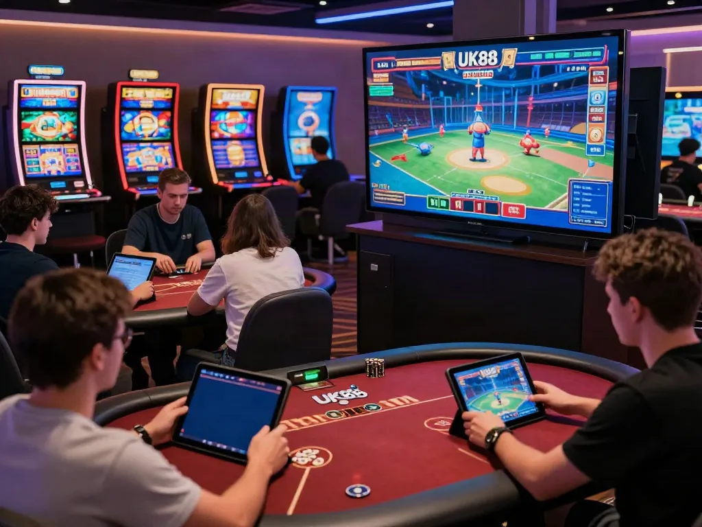 Players engaging in diverse games at Uk88 online casino, showcasing vibrant slots and poker tables.