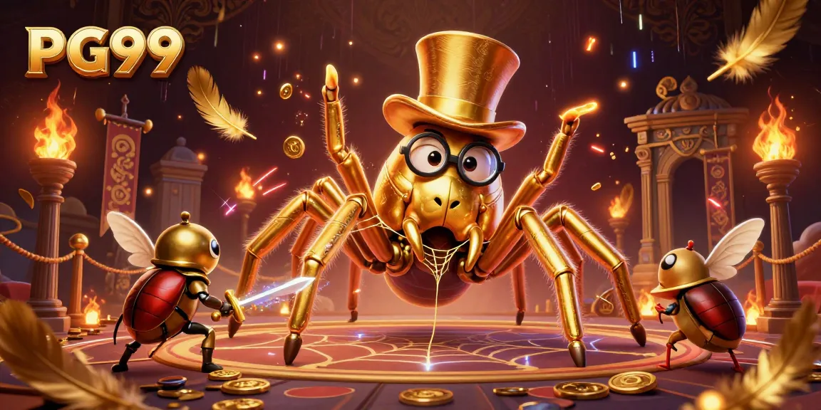 Experience excitement at PG99 with a golden tarantula and a tiny knight in a casino scene.