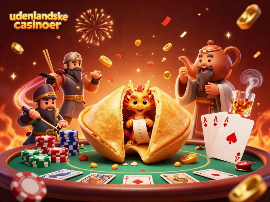 Engage with udenlandske casinoer featuring a magical scene of a fortune cookie, wise dragon, and poker elements.