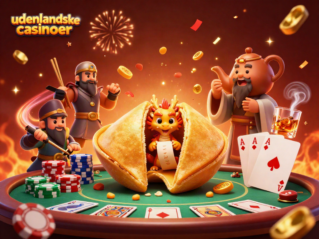 Engage with udenlandske casinoer featuring a magical scene of a fortune cookie, wise dragon, and poker elements.