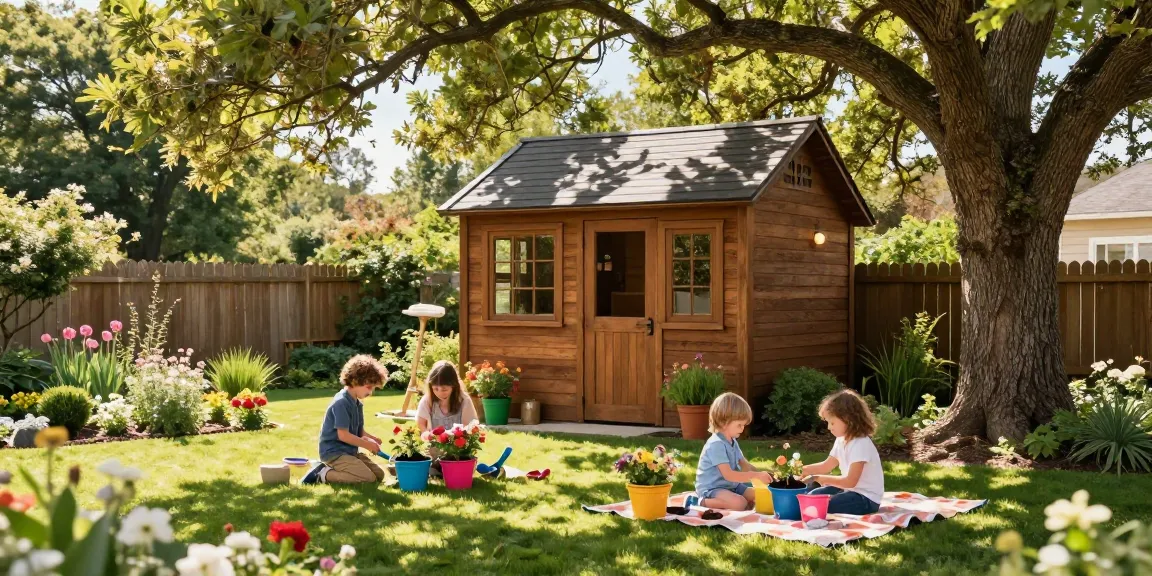 Ein robustes Gartenhaus in einem wunderschönen Garten mit blühenden Pflanzen und spielenden Kindern.
