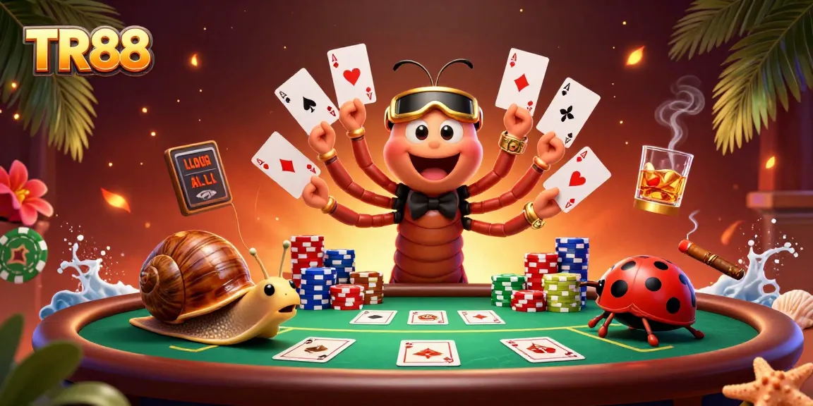 Experience the excitement of TR88 with dynamic casino elements and colorful characters in this vibrant 3D illustration.