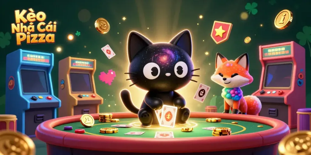 Kèo Nhà Cái Pizza features a black hole cat at a cosmic casino table, pulling in golden chips.