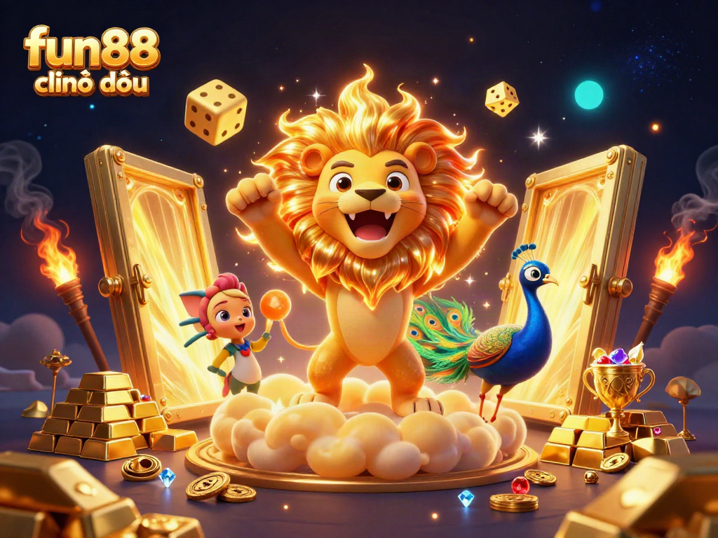 Experience fun88 chính thức with a dynamic casino scene featuring a roaring lion and golden treasures in 3D.