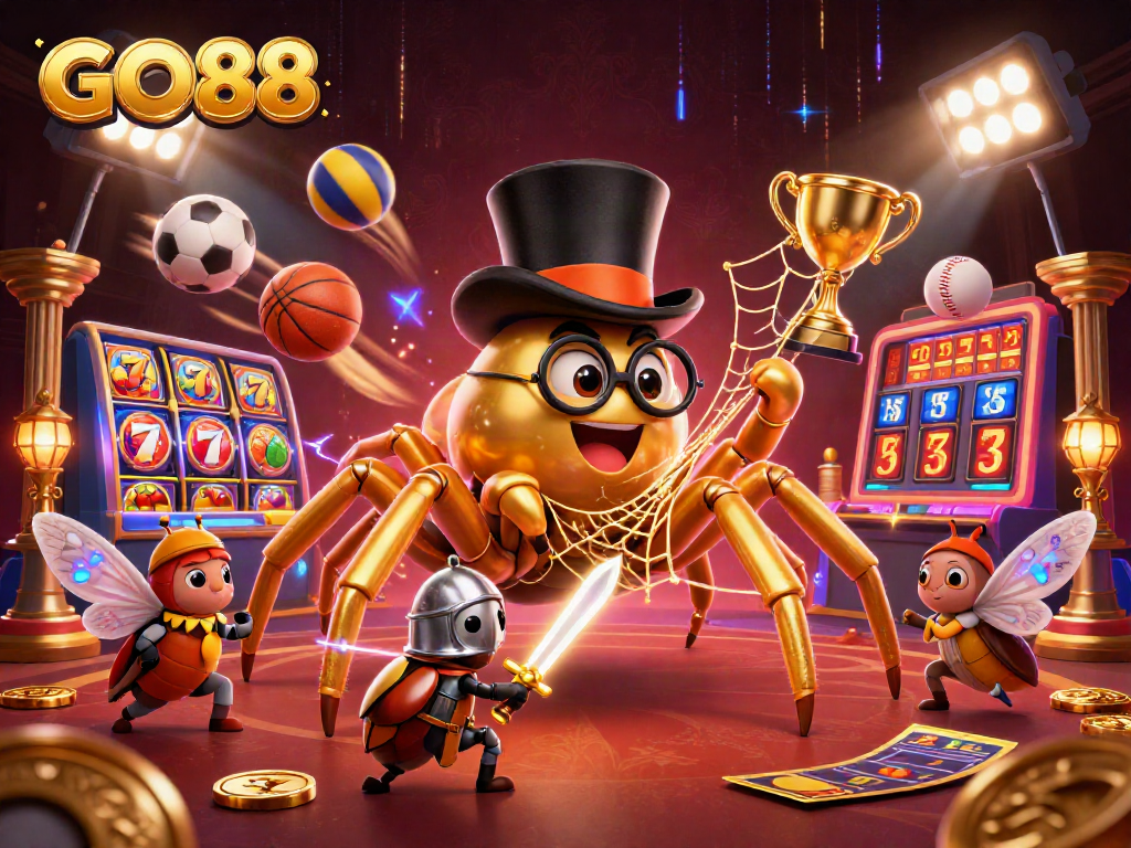 Experience the excitement of GO88 with vibrant 3D casino illustrations showcasing dynamic gaming elements.