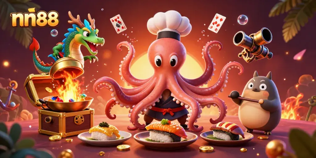 Experience thrilling jackpots with nn88 in this vibrant, action-packed casino scene featuring an octopus chef and dragon.