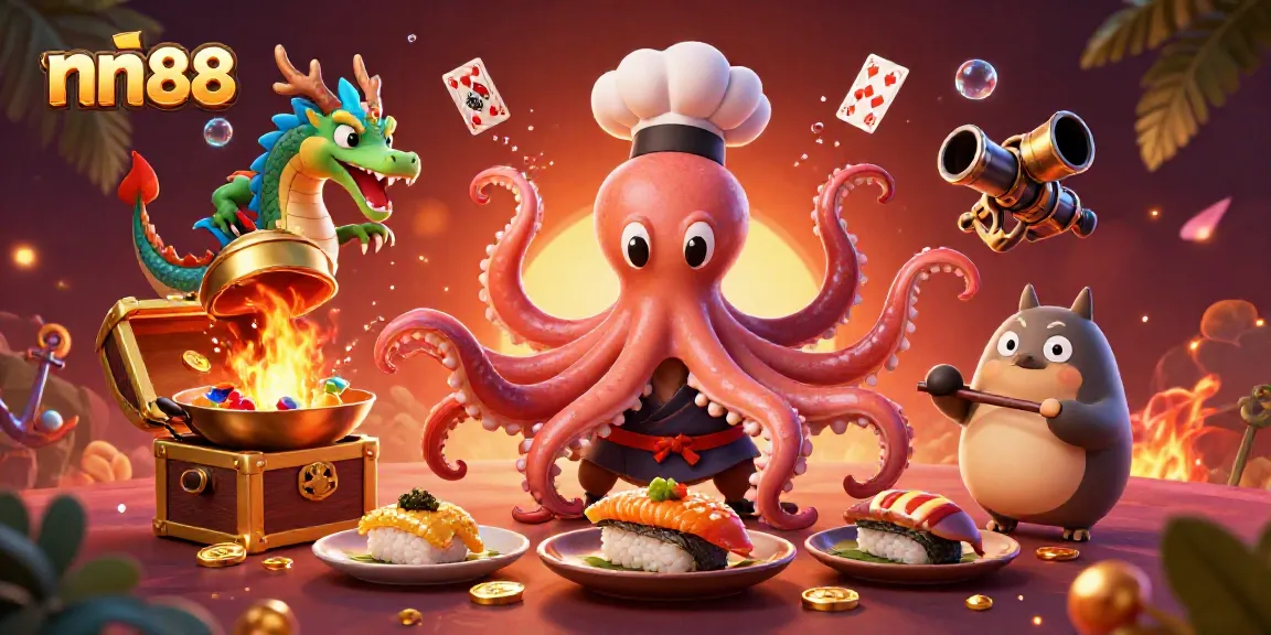 Experience thrilling jackpots with nn88 in this vibrant, action-packed casino scene featuring an octopus chef and dragon.
