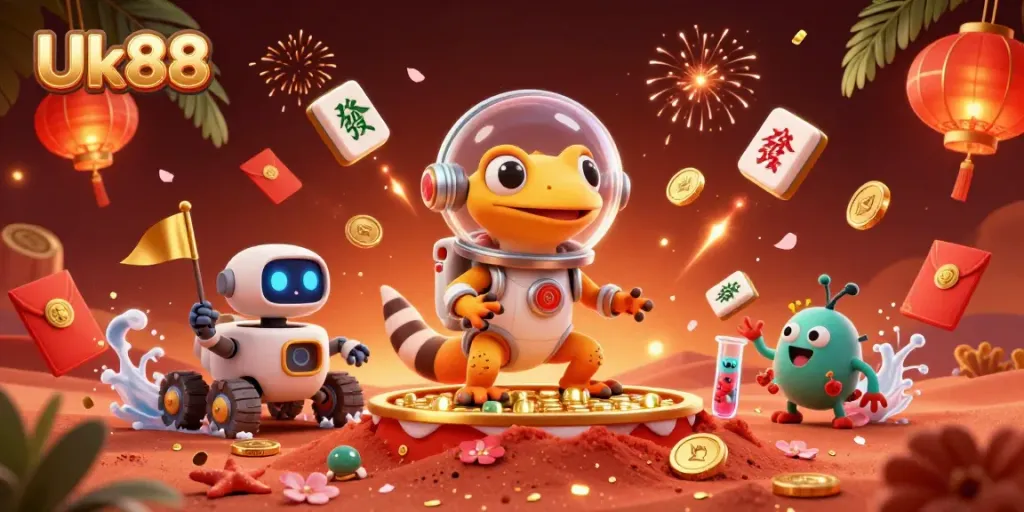 Engage with Uk88 through a vibrant Martian casino scene featuring colorful game elements.