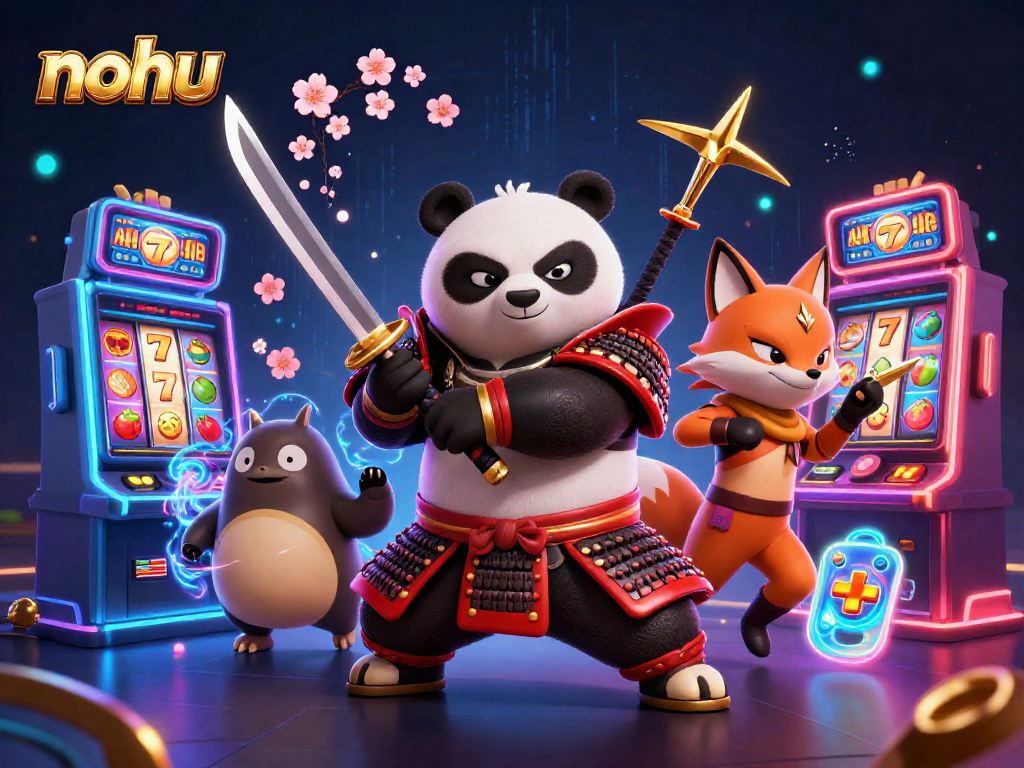 Nohu slot-themed illustration featuring samurai panda, ninja fox, and spirit tanuki amidst colorful 3D game elements.