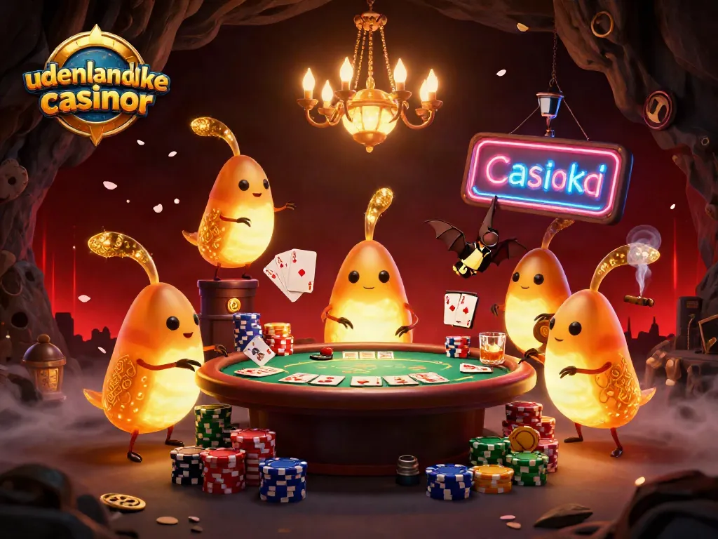 Engage with udenlandske casinoer featuring glowworms illuminating a poker scene, showcasing fun casino action.