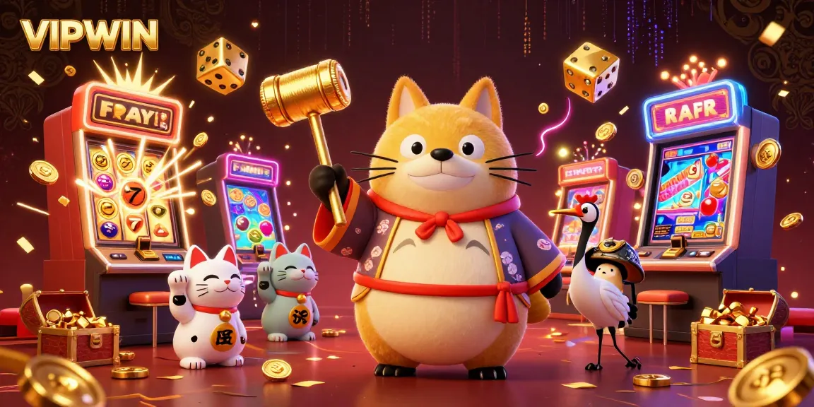 Experience thrilling gameplay at VIPWIN with cheerful tanuki and exciting casino elements, showcasing vibrant slot action.
