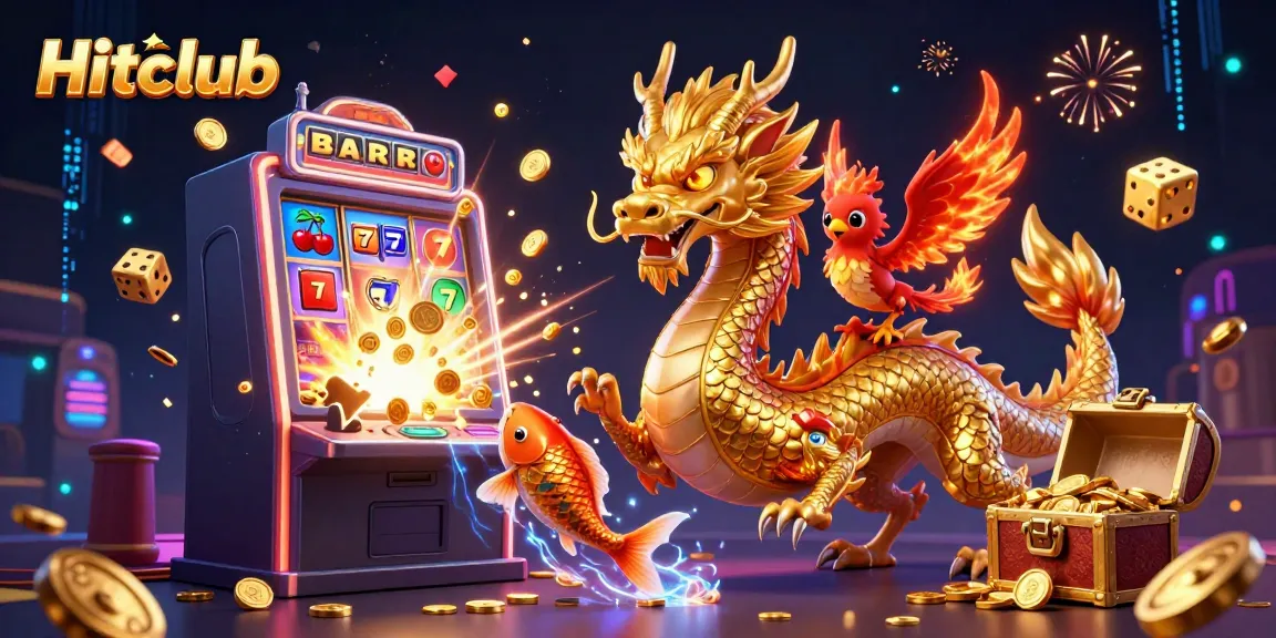 Experience the thrill of Hitclub with a dragon, phoenix, and jackpot coins in this vibrant casino scene.